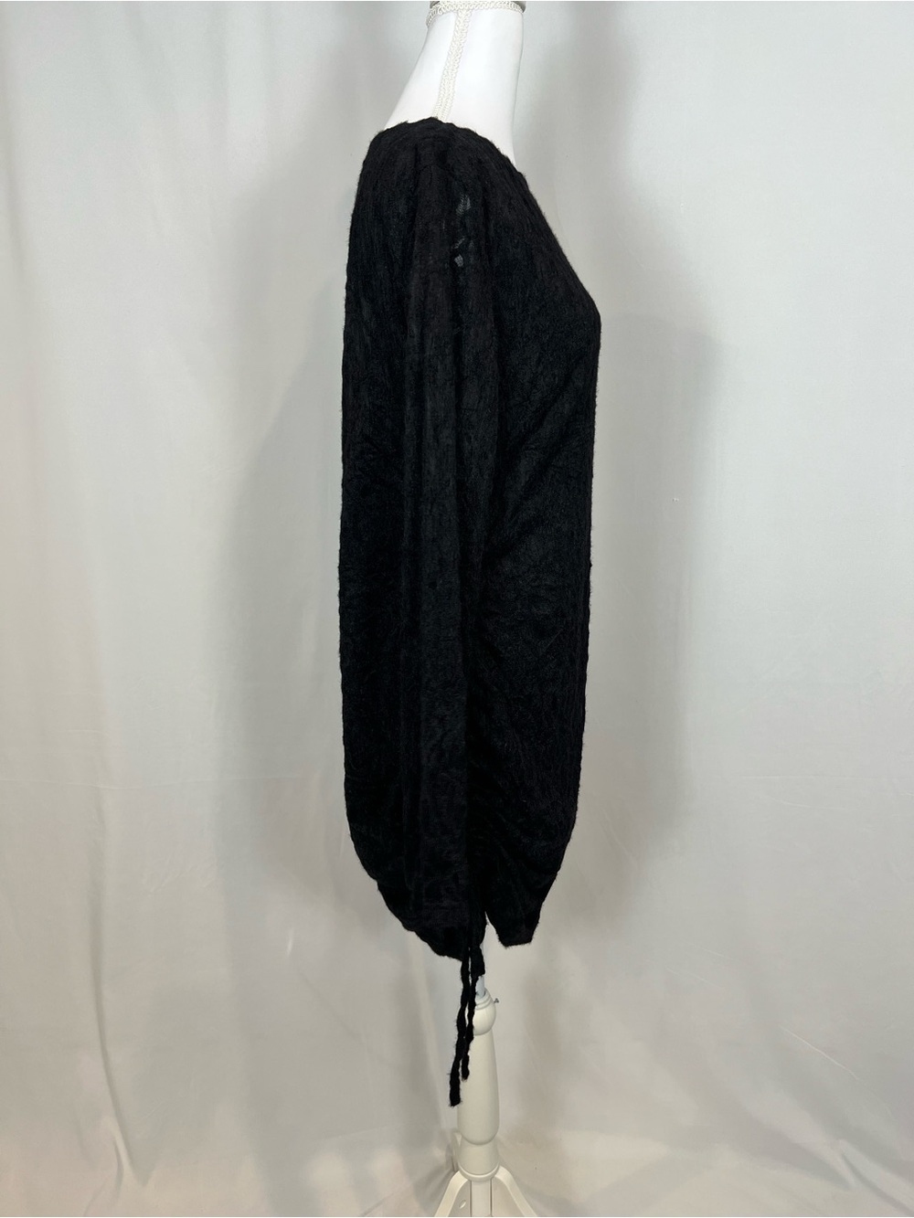 Long-Sleeve Black Lace Knit Dress with Side Ruched Tie - Picture 7 of 16